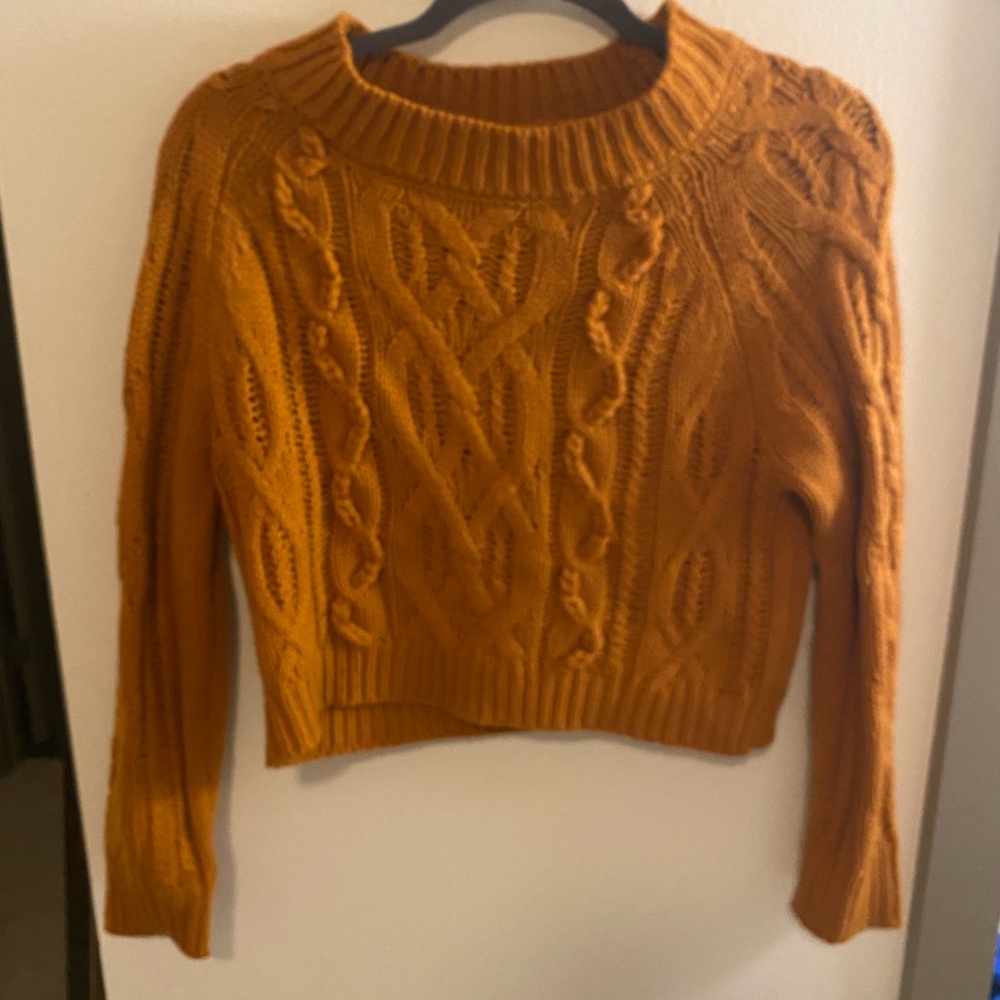 Cropped woven knit burnt orange sweater